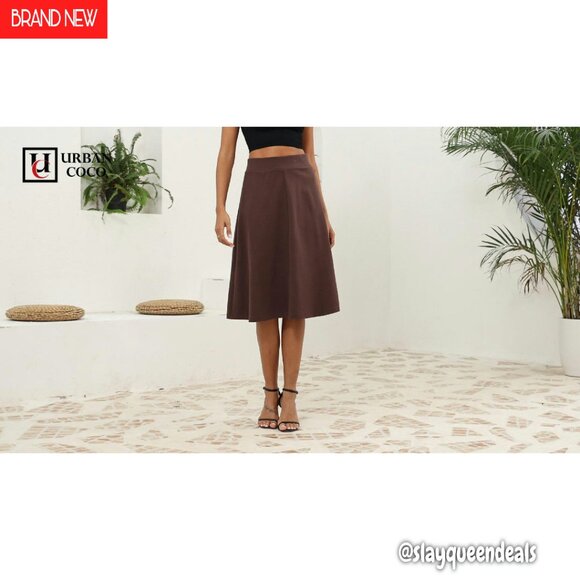 A-Line High Waist Elastic Flare Midi Skirt Stretchy Work Wear - Picture 7 of 7